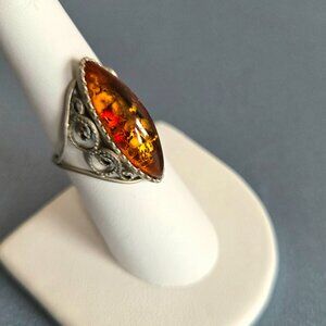 Pewter ornate ring with Baltic Amber stone.